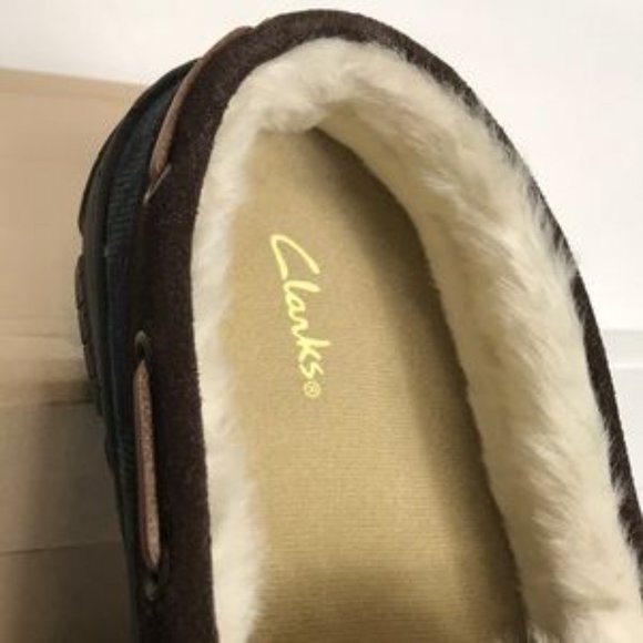 Clarks Suede Faux Fur Lined Moccasin Slippers - Picture 3 of 9